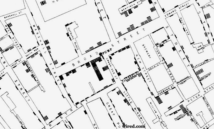 Snow's Map of Cholera on and around Broad Street